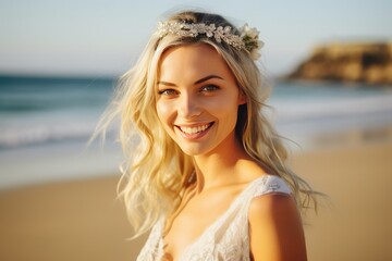 Radiant European Blonde Woman Beaming with Joy in Captivating Photo
