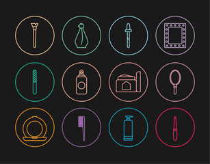 Set line Nail file, Hand mirror, Pipette, Spray can, Makeup brush, Cream cosmetic tube and Perfume icon. Vector