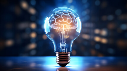 Creative idea concept with light bulb and blue shiny brain - obrazy, fototapety, plakaty