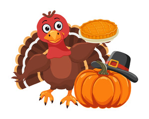 A turkey bird stands next to a pumpkin wearing a pilgrim's hat and holding a pumpkin pie. Traditional american, canadian symbol of Happy Thanksgiving Day. Cute character. Vector clipart.
