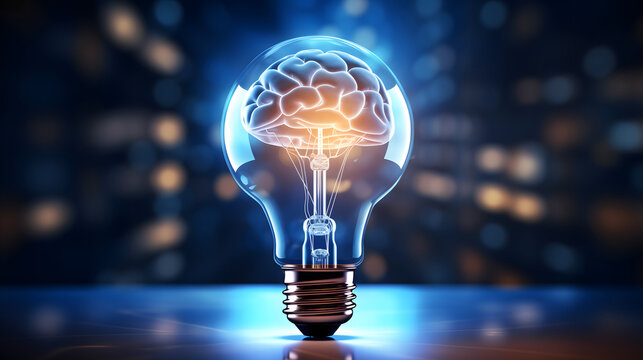 Creative idea concept with light bulb and blue shiny brain