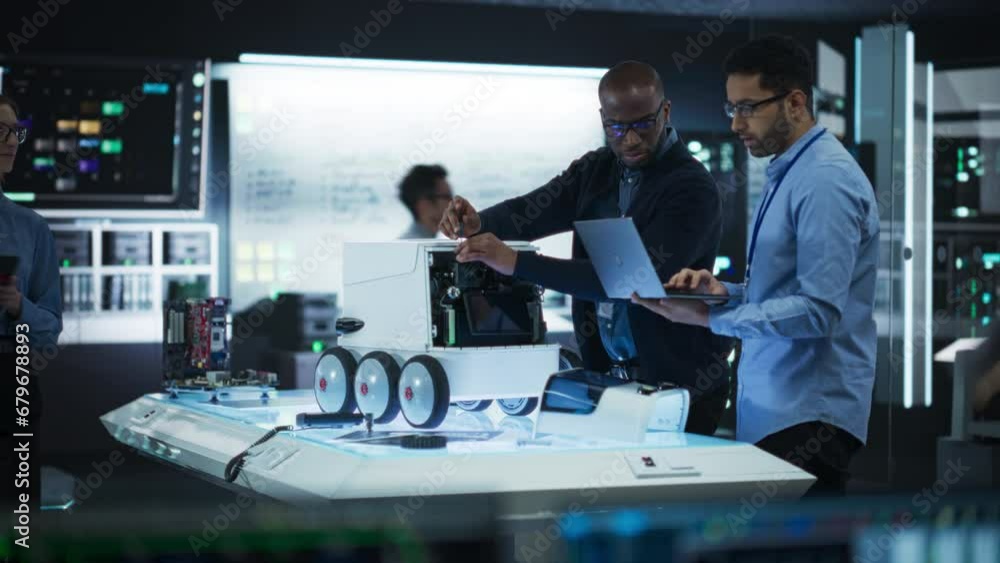 Fototapete Diverse Team of Industrial Robotics Specialists Gathered Around a Table With a Mobile Robot. Engineers Discussing an Automated Robotic Delivery Assistant with Artificial Intelligence