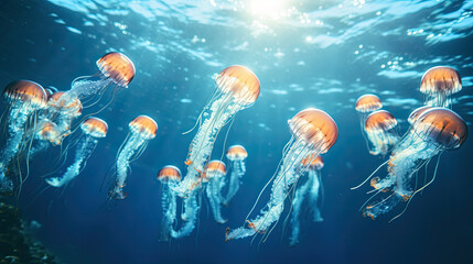 A large transparent jellyfish among the colorful jellyfish group in the ocean, Underwater life in ocean jellyfish., jellyfish in aquarium - obrazy, fototapety, plakaty