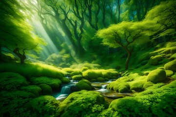 stream in the forest, greenery, sunlight in the forest, nature, view,  