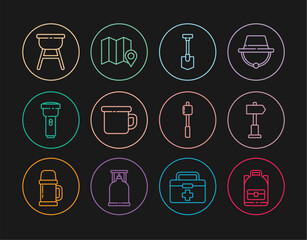 Set line Hiking backpack, Road traffic signpost, Shovel, Camping metal mug, Flashlight, Barbecue grill, Marshmallow on stick and Location of the forest map icon. Vector