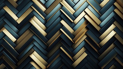 Abstract blue and gold interwoven metallic strips forming a herringbone pattern