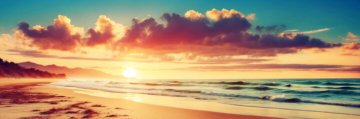 Fototapeta na wymiar beautiful sunrise in the sea at the wild beach - retro, vintage style look