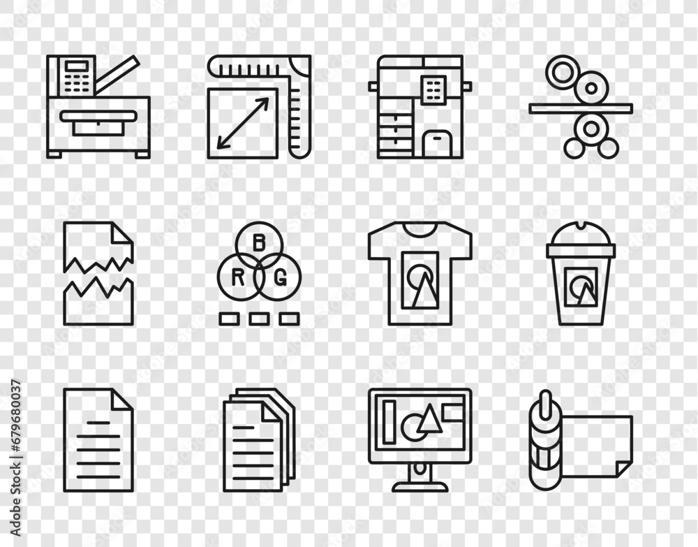 Poster set line file document, roll of paper, copy machine, rgb color mixing, computer monitor screen and c
