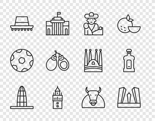 Set line Agbar tower, Gate of Europe, Bullfight, matador, Giralda, Spanish hat, Castanets, and Orujo icon. Vector
