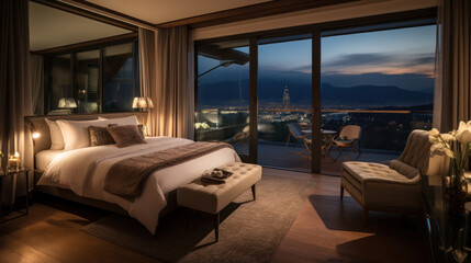 Modern luxury bedroom with a large double bed with panoramic windows overlooking the cityscape, panorama. High building. Accommodation in a hotel or apartment.