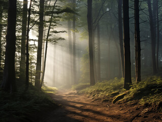 Fototapeta premium Foggy forest in the morning 
