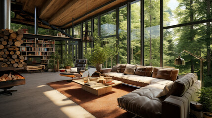 Interior of a living room or bedroom in an eco-house. Modern hotel design in nature. Panoramic windows overlooking natural landscapes. Housing rental concept.