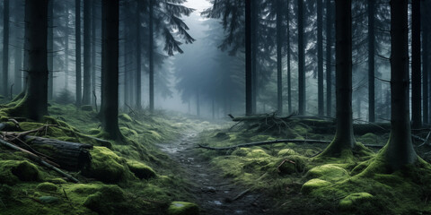 Naklejka premium Foggy forest in the morning 