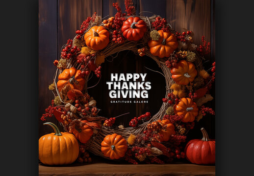 Happy Thanksgiving Post Layout With Decorative Wreath and White Typography, generative ai