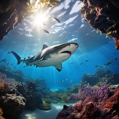 Fototapeta na wymiar Tiger sharks, dangerous sea predators, and coral reefs in the ocean. Flora and fauna.