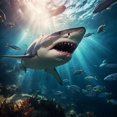 Naklejka premium Tiger sharks, dangerous sea predators, and coral reefs in the ocean. Flora and fauna.