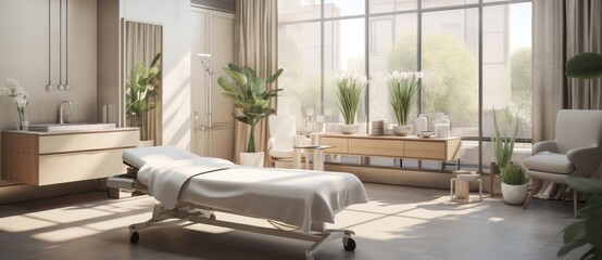 A Tranquil Hospital Room with a Comfortable Bed and Lush Green Plants Created With Generative AI Technology