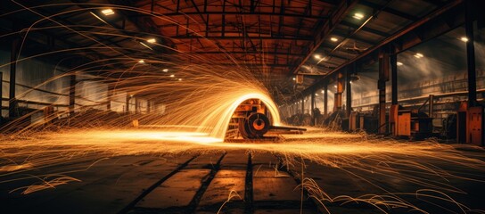 A Fiery Transformation: The Spark-Filled Beauty of a Factory in Action Created With Generative AI Technology - obrazy, fototapety, plakaty