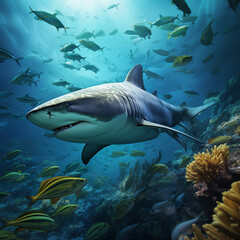 Fototapeta premium Tiger sharks, dangerous sea predators, and coral reefs in the ocean. Flora and fauna.