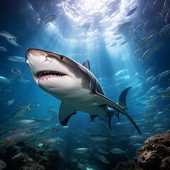Tiger sharks, dangerous sea predators, and coral reefs in the ocean. Flora and fauna.