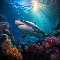 Tiger sharks, dangerous sea predators, and coral reefs in the ocean. Flora and fauna.
