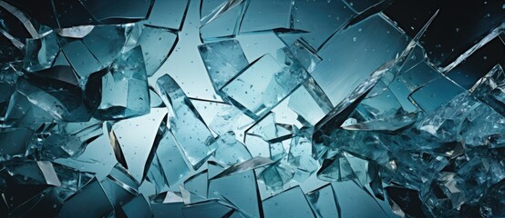 Shattered Reflections: A Captivating Display of a Broken Glass Wall in Front of a Serene Blue Background Created With Generative AI Technology