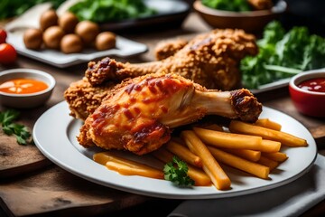 A close up shot of fried chicken leg on a white plate