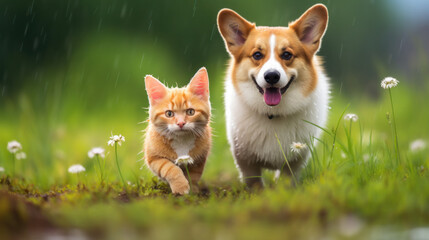 A corgi dog and his friend a red cat are walking together in a green garden in the summer rain. Concept of friendship, love, fun.