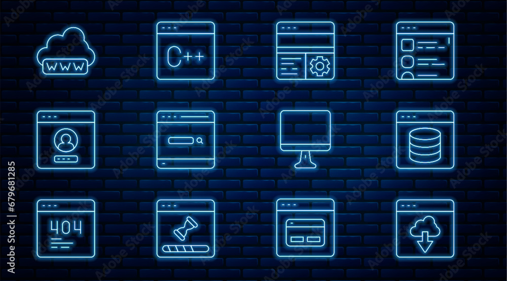 Poster set line cloud technology data transfer, server, data, web hosting, debugging, search engine, create