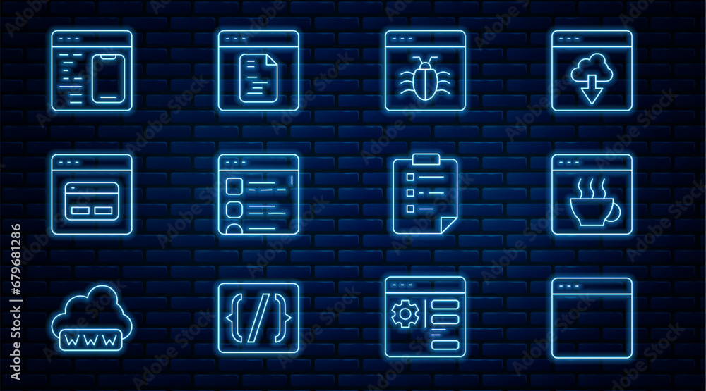 Poster set line browser window, software, system bug, files, search engine, clipboard with checklist and ic