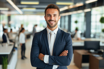 Portrait of young smiling businessman in office.