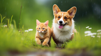Naklejka na ściany i meble A corgi dog and his friend a red cat are walking together in a green garden in the summer rain. Concept of friendship, love, fun.
