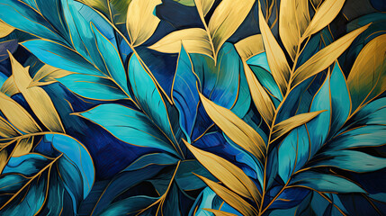 pattern with leaves, blue, green and gold tropical leaves design. Golden and dark blue and teal leaves painting . Great for wall art and home decor