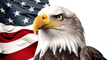 Bald eagle with USA flag isolated on white background, Generative ai.