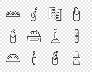 Set line Manicure lamp, Bottle of nail polish, Toe separator for pedicure, Milling cutter manicure, False nails, Nail and file icon. Vector