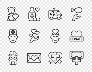 Set line Animal shelter house, Donation and charity, Ambulance car, Envelope with heart, Donate child toys, Heart in hand, cross and icon. Vector
