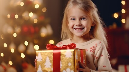 New Year concept. Adorable cute little child near the Christmas tree with gifts. New Year