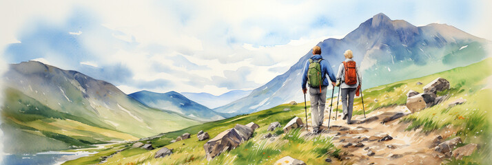 Happy Senior Couple Hiking with Trekking Sticks and Backpack at Mountain Forest Trail. Enjoying Calming Nature, Having a Good Time on Retirement. Nordic Walking. Watercolour Illustration. - obrazy, fototapety, plakaty