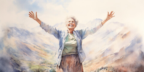 Happy Senior Woman Reaching Summit at Mountain at Sunrise, Solo Travel Female Walking. Plan Life Insurance, Anniversary, Travel in Retirement Concept. Watercolour Illustration.