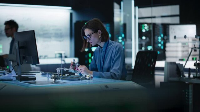 Portrait of Female Specialist Soldering a Circuit Board in a Technologically Advanced Company. Focused Female Engineer Working on a Project, Testing Theory in a Manufacturing Research Facility