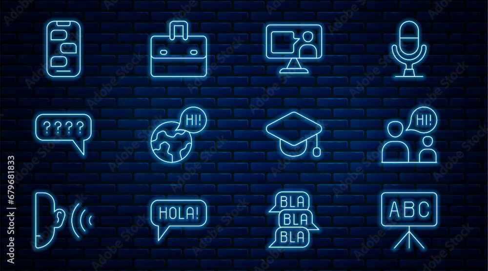 Poster set line chalkboard, foreign language online study, learning foreign languages, speech bubbles with 
