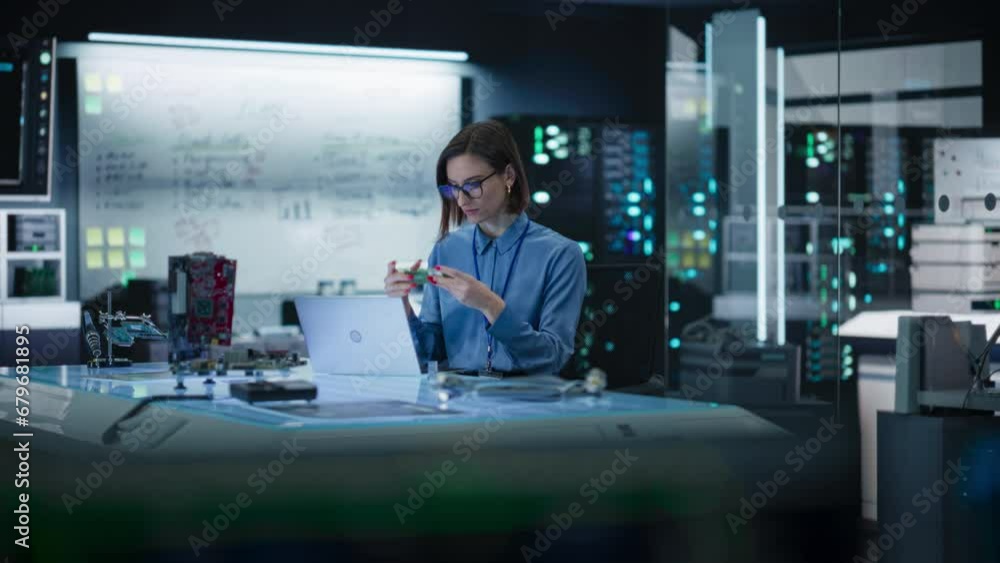 Poster Portrait of Female Specialist Using Laptop Computer to Improve Electronic Circuit Board in Modern Office. Professional Engineer Thinking and Typing Ideas for Artificial Intelligence Project