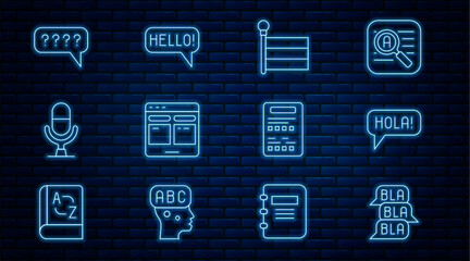 Set line Speech bubble chat, Hola in different languages, Flag, Online translator, Microphone voice device, bubbles with Question, Exam sheet and Hello icon. Vector © vector_v
