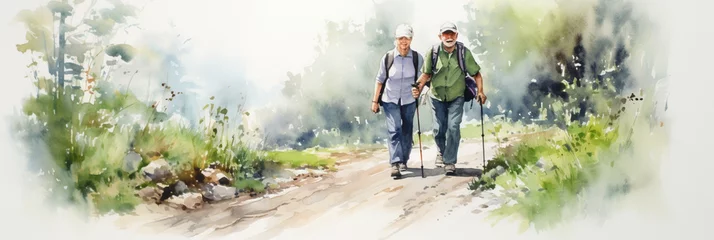 Fotobehang Happy Senior Couple Hiking with Trekking Sticks and Backpack at Mountain Forest Trail. Enjoying Calming Nature, Having a Good Time on Retirement. Nordic Walking. Watercolour Illustration. © PEPPERPOT