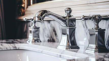 Water tap. Running water in the bathroom with sink. Modern clean house. Hygiene concept.