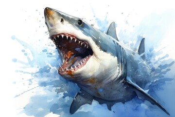 Obraz premium watercolor Shark Hungry shark illustration with splash watercolor textured background