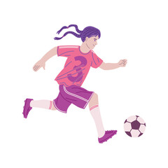 Young girl play football, vector cartoon style illustration on white