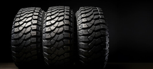 All terrain new tire for off-road vehicles and crossovers close-up, SUV stand in a rowon a black background