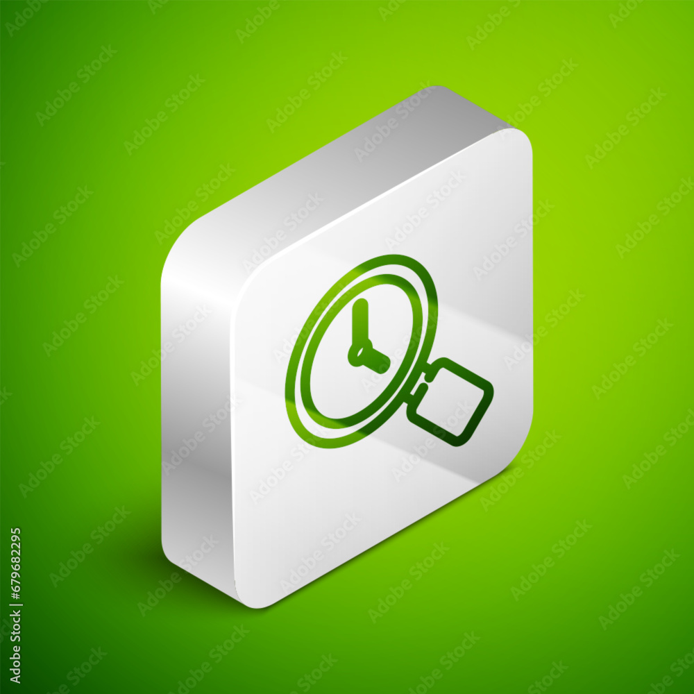 Poster isometric line magnifying glass with clock icon isolated on green background. silver square button. 