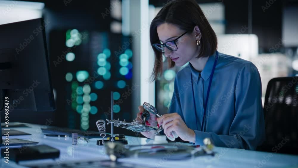Poster modern electronics research, development facility: female engineer does computer motherboard solderi